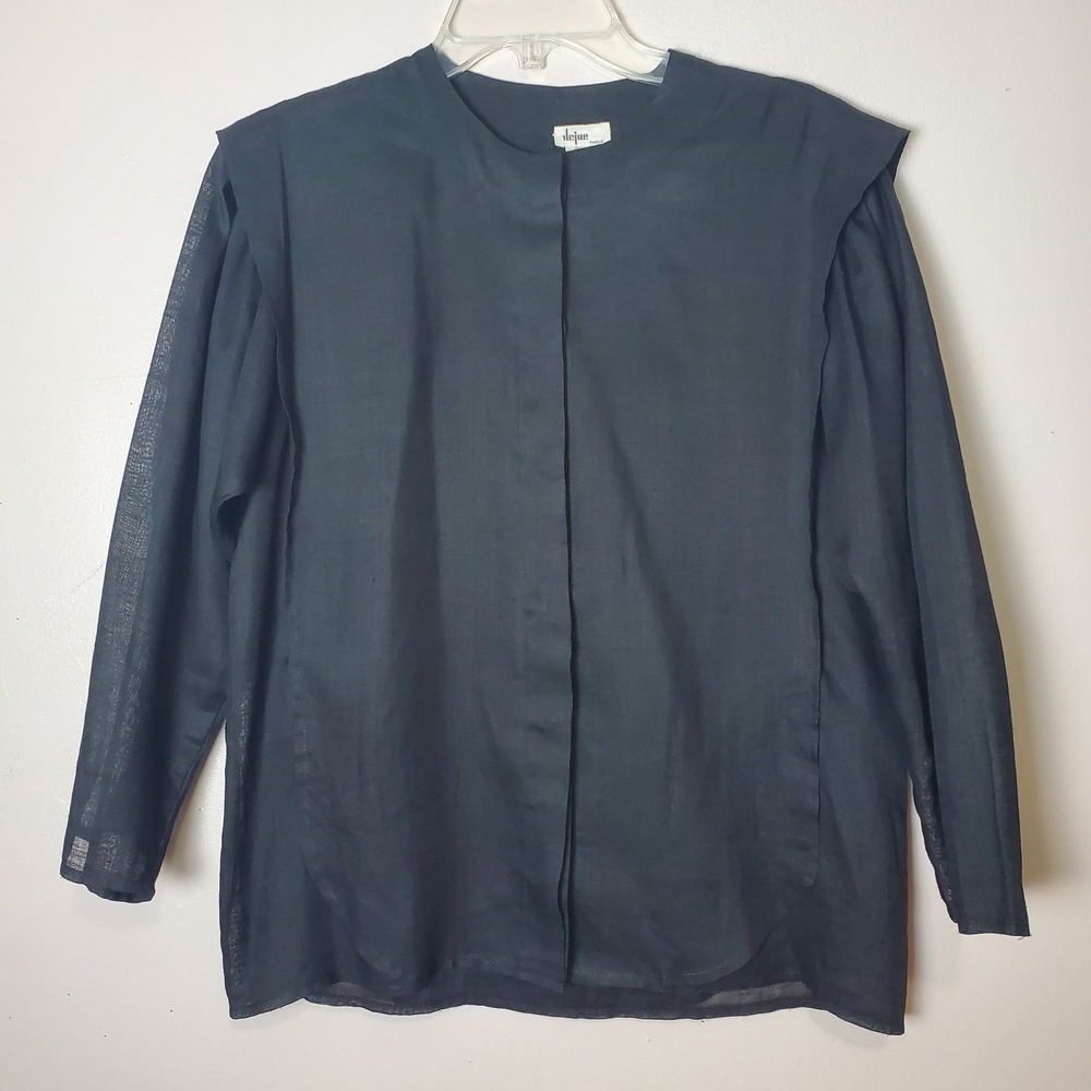Dejac Paris Linen Blouse Black Women's Medium Semi Sheer 3/4 Sleeves Button Up